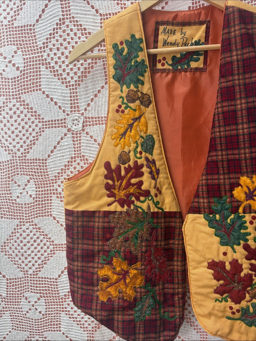 Handmade Autumn Patchwork Vest Oak Leaves Acorns Plaid - Picture 3 of 7